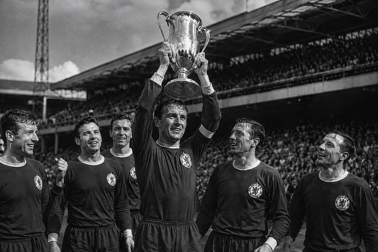 A classic black-and-white image of Chelsea captain Roy Bentley holding the Football League trophy high above his head while surrounded by smiling teammates after winning the club's first league championship in 1955.