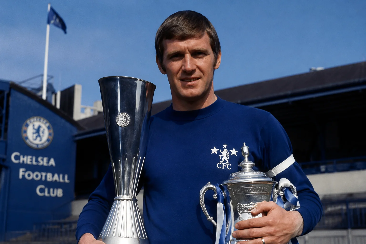 Former Chelsea player and manager Ron Harris holding two silver trophies—the European Cup Winners' Cup and the FA Cup—outside Stamford Bridge while wearing a classic blue Chelsea shirt with the vintage club crest.