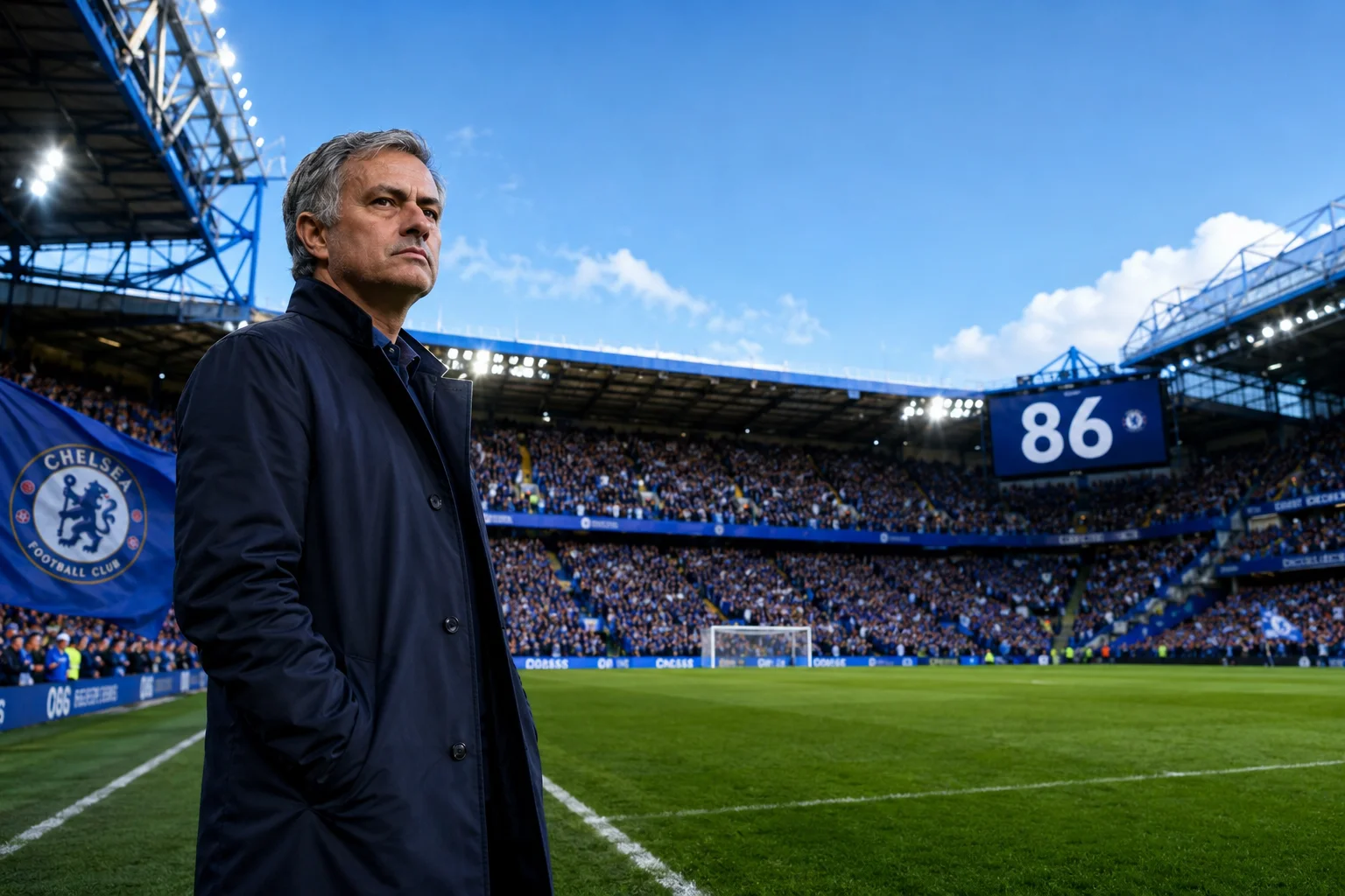 José Mourinho standing along the pitch sideline in a dark coat at a packed Stamford Bridge stadium. In the background behind the pitch, a large stadium screen displays the number 86, symbolizing Chelsea's iconic 86-game undefeated home record.