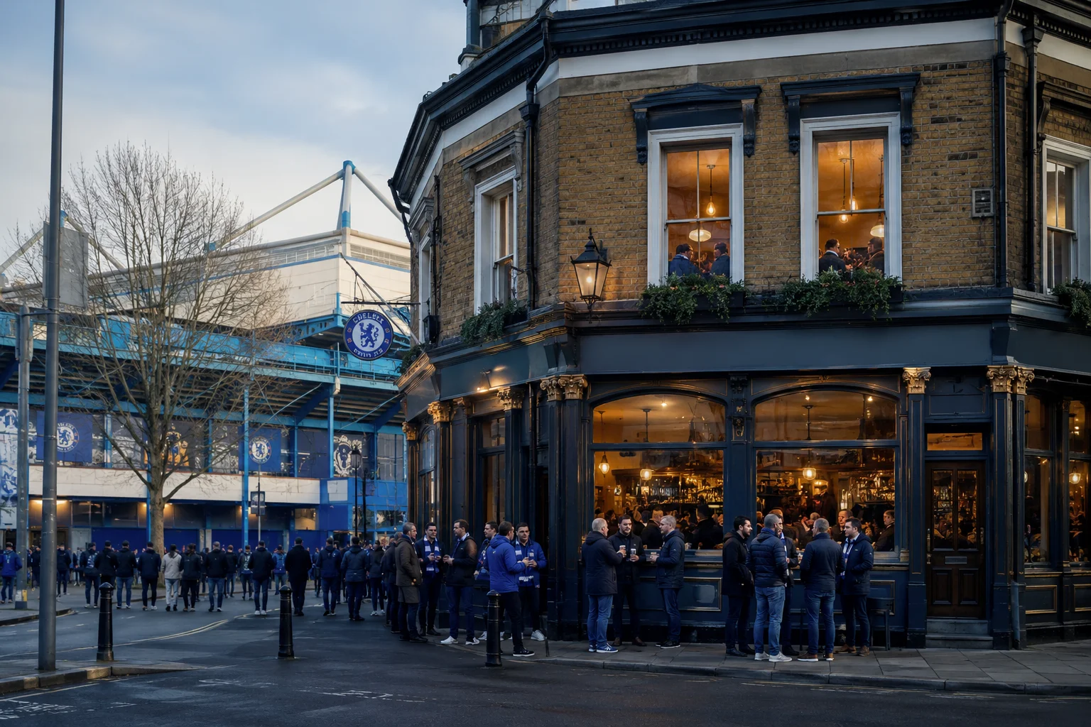 Football fans drinking pints outside a traditional multi-story London pub near Stamford Bridge before a match, with the blue steel structure of the stadium visible in the background across the street.