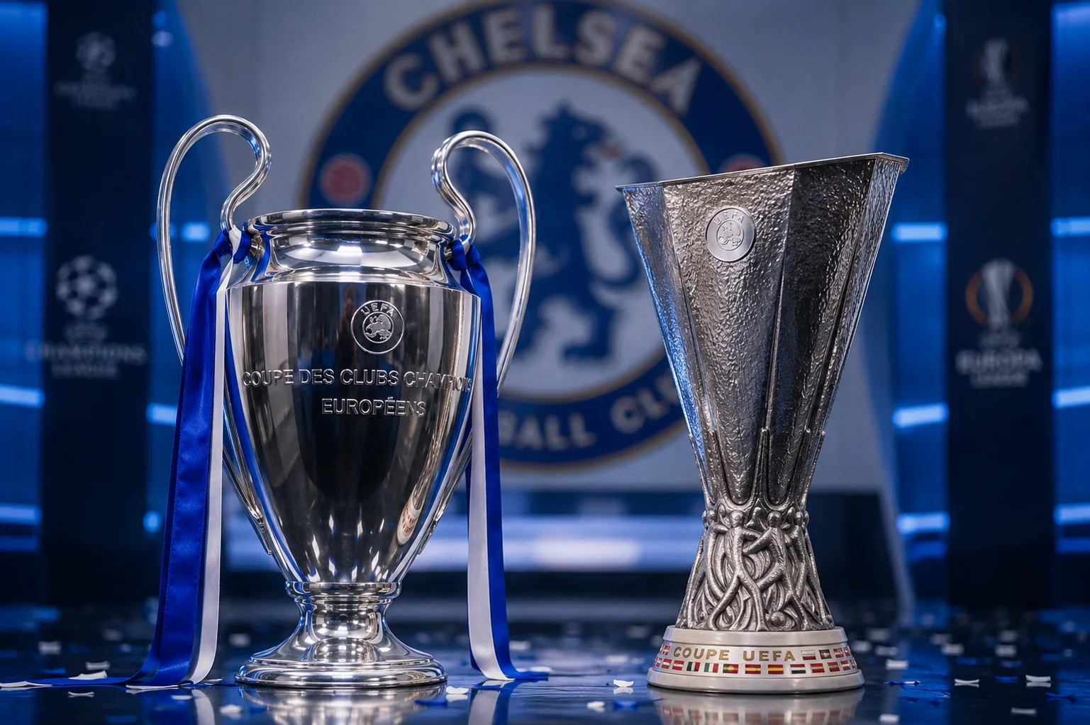 A side-by-side display of two major European trophies sitting on a glossy table in front of the Chelsea FC crest: the UEFA Champions League trophy on the left and the UEFA Europa League trophy on the right.