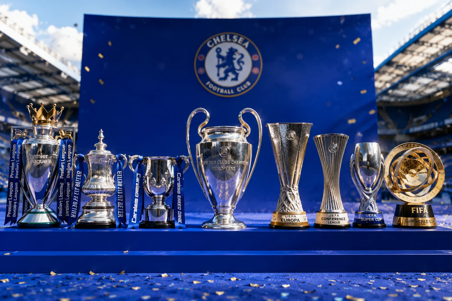 A row of major football trophies on display in front of a blue Chelsea FC backdrop at Stamford Bridge, featuring the Premier League, FA Cup, League Cup, UEFA Champions League, UEFA Europa League, UEFA Conference League, UEFA Super Cup, and FIFA Club World Cup trophies.