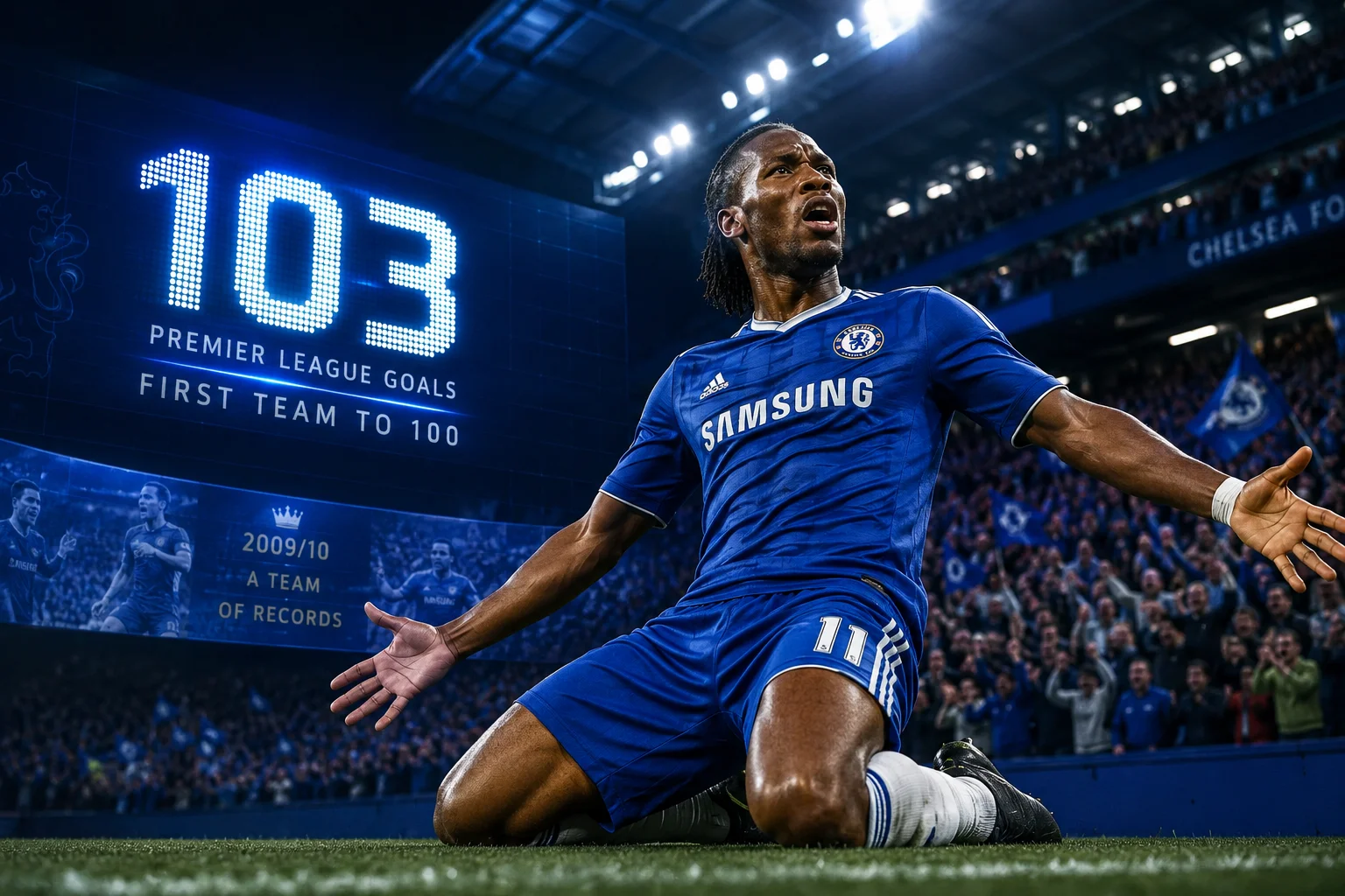 Didier Drogba sliding on his knees in celebration on the Stamford Bridge pitch while wearing the blue Chelsea kit with Samsung sponsorship. The background features stadium display graphics highlighting Chelsea's record of 103 Premier League goals and the text "2009/10 A TEAM OF RECORDS."