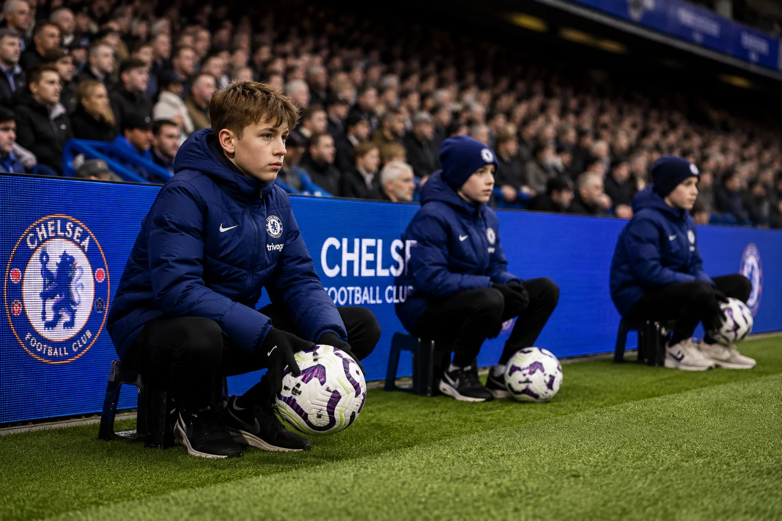 Young Chelsea ball boys wearing blue winter jackets seated on small stools along the touchline at Stamford Bridge stadium, each holding a football during a match.