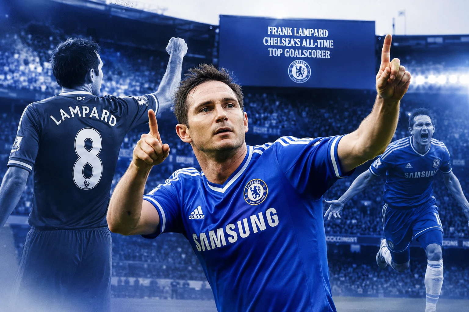 A composite image of Frank Lampard celebrating in a blue Chelsea kit, set against a stadium background with a screen reading "FRANK LAMPARD CHELSEA'S ALL-TIME TOP GOALSCORER."