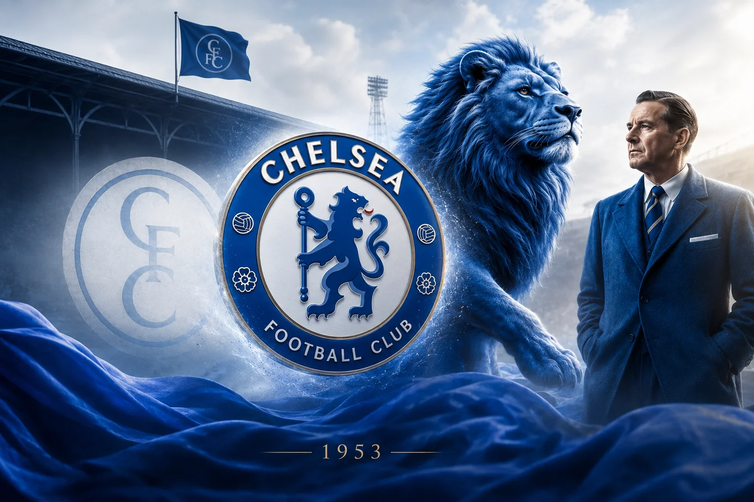A graphic image featuring a large blue Chelsea FC crest flanked by a majestic blue lion and a man in a blue suit, set against Stamford Bridge with a blue flag and the year "1953" displayed below.