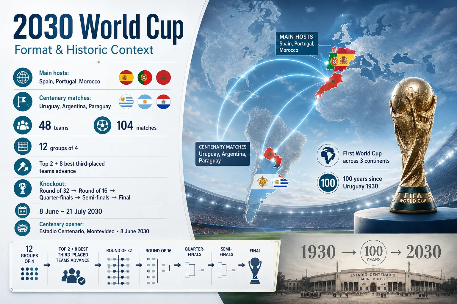 رسم بياني واسع بعنوان "كأس العالم 2030: بطولة عبر ثلاث قارات" يوضح البصمة الجغرافية غير المسبوقة للمسابقة. يتميز الخلفية بخريطة عالمية مبسطة داكنة مع خطوط متصلة متوهجة تربط أوروبا وإفريقيا وأمريكا الجنوبية. تبرز النصوص الاحتفال عبر القارات الممتد عبر 6 دول مستضيفة في 3 قارات متميزة. يوضح أن الجزء الأكبر من البطولة سيقام في المركز المتوسطي للمغرب والبرتغال وإسبانيا، يليها مباريات افتتاح المئوية الخاصة في أمريكا الجنوبية لتكريم تاريخ البطولة الممتد 100 عام.