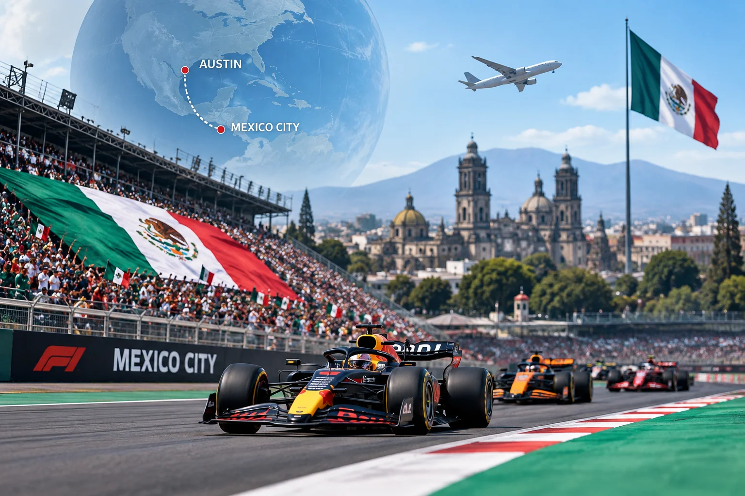 Formula 1 race cars speeding down a track in Mexico City, featuring a backdrop of historic city architecture, a large Mexican flag, and a globe graphic mapping a flight route from Austin to Mexico City.