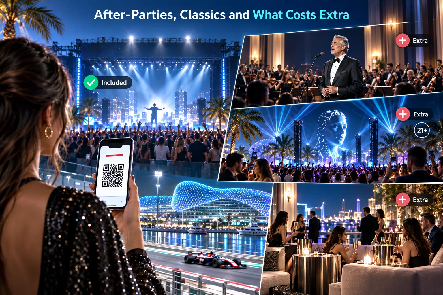 Split graphic titled 'After-Parties, Classics and What Costs Extra' showing concert entry included via smartphone ticket alongside extra-charge options like classical concerts, light shows, and VIP lounges.