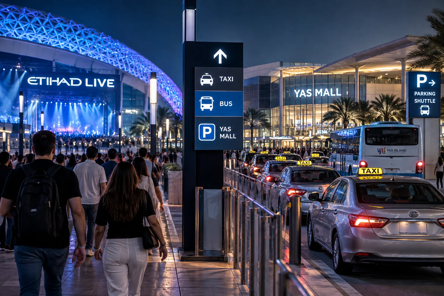 Nighttime view outside Etihad Live showing attendees walking past directional signs for taxis, buses, and Yas Mall parking next to a line of taxis.
