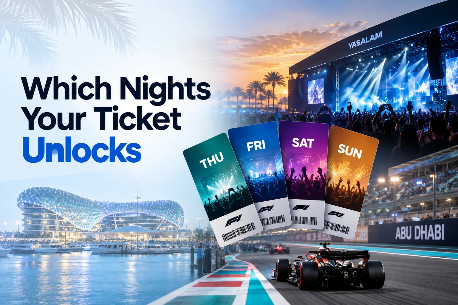 Promotional graphic titled 'Which Nights Your Ticket Unlocks' showing four color-coded pass cards labeled THU, FRI, SAT, and SUN over a backdrop of a Formula 1 car driving past Yas Marina Circuit and a concert stage.