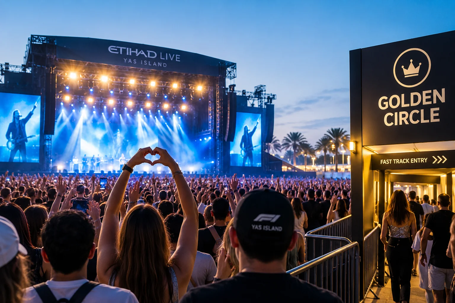 Concertgoers in front of the Etihad Live stage at Yas Island with a 'Golden Circle Fast Track Entry' sign on the right and a attendee making a heart hand gesture toward the stage.