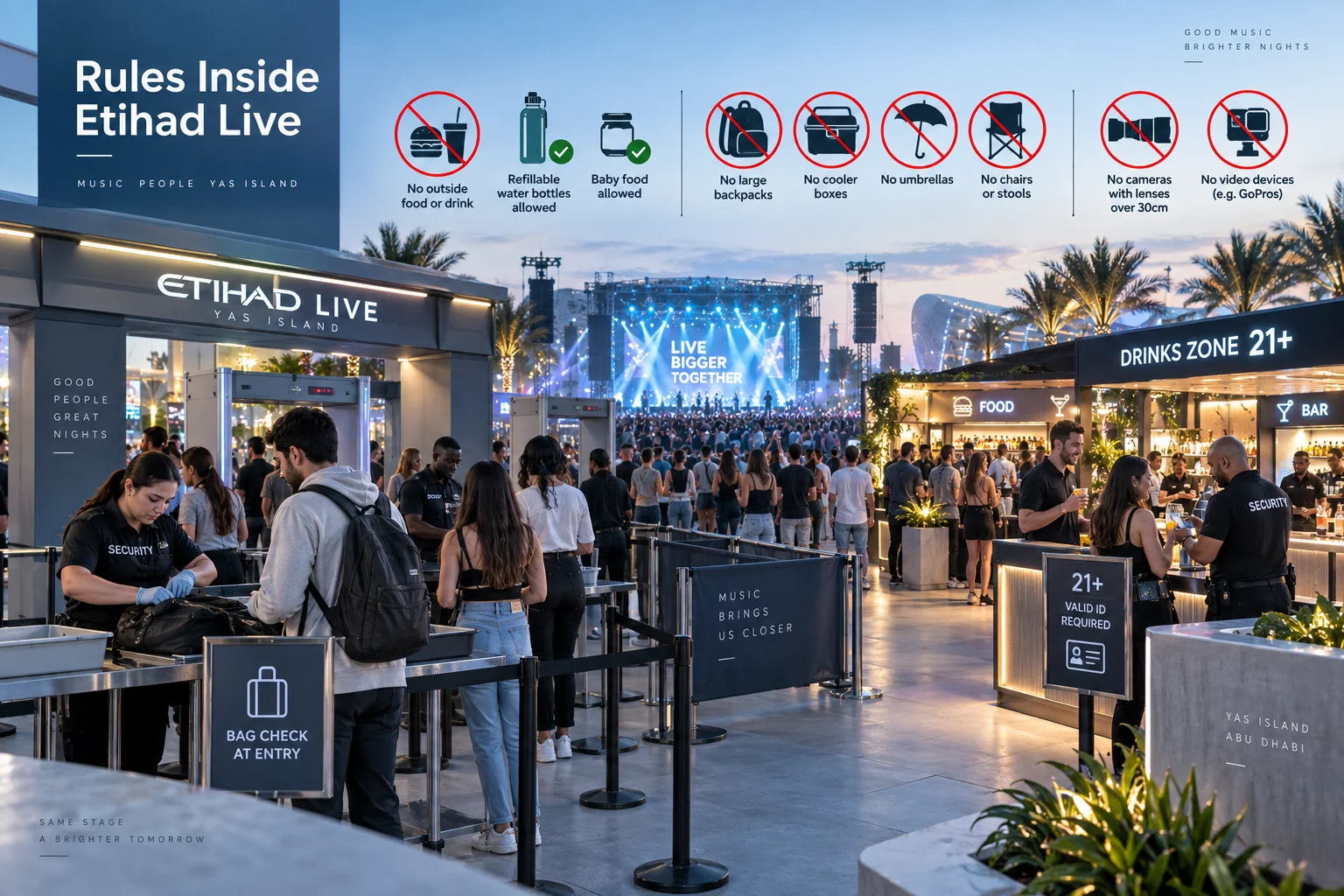 Security entry checkpoint at Etihad Live with rules icons at the top indicating allowed items like refillable water bottles and prohibited items like outside food, large backpacks, umbrellas, and pro cameras.