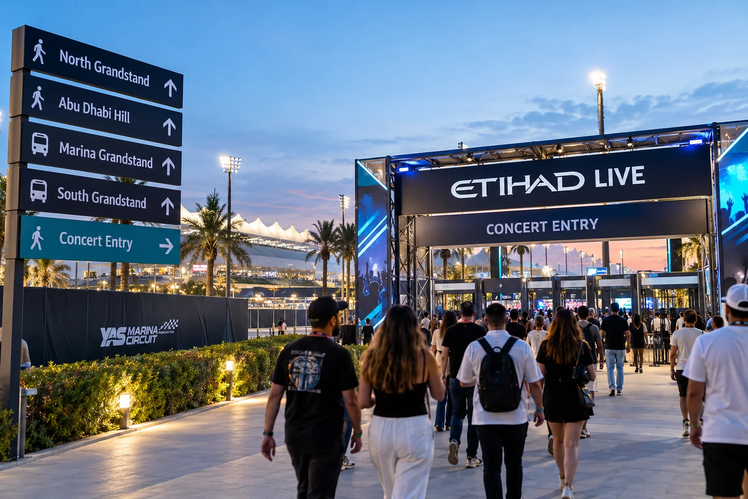 Crowds walking under a large 'Etihad Live Concert Entry' gateway at dusk, with directional signs indicating pathways for Grandstands and Abu Dhabi Hill.