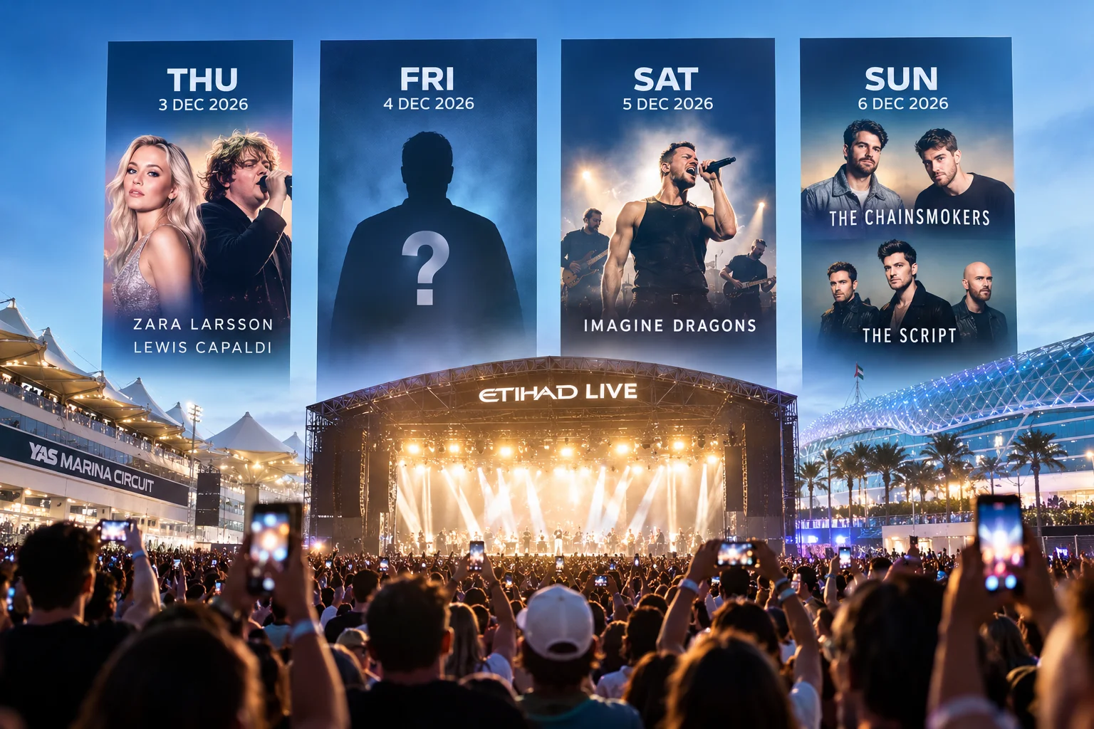 Concertgoers in front of the Etihad Live stage at Yas Island with a 'Golden Circle Fast Track Entry' sign on the right and a attendee making a heart hand gesture toward the stage.
