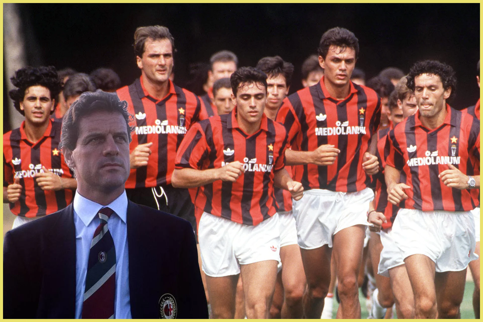 A composite image showcasing AC Milan's legendary era under manager Fabio Capello. In the left foreground, a stern Capello looks off-camera wearing a dark suit, light shirt, and a striped club tie. In the background, a squad of players jog in unison during a training session. They are all wearing the classic red-and-black striped Milan kits with white shorts and the prominent "MEDIOLANUM" sponsor across the chest, including defender Paolo Maldini near the center-right.