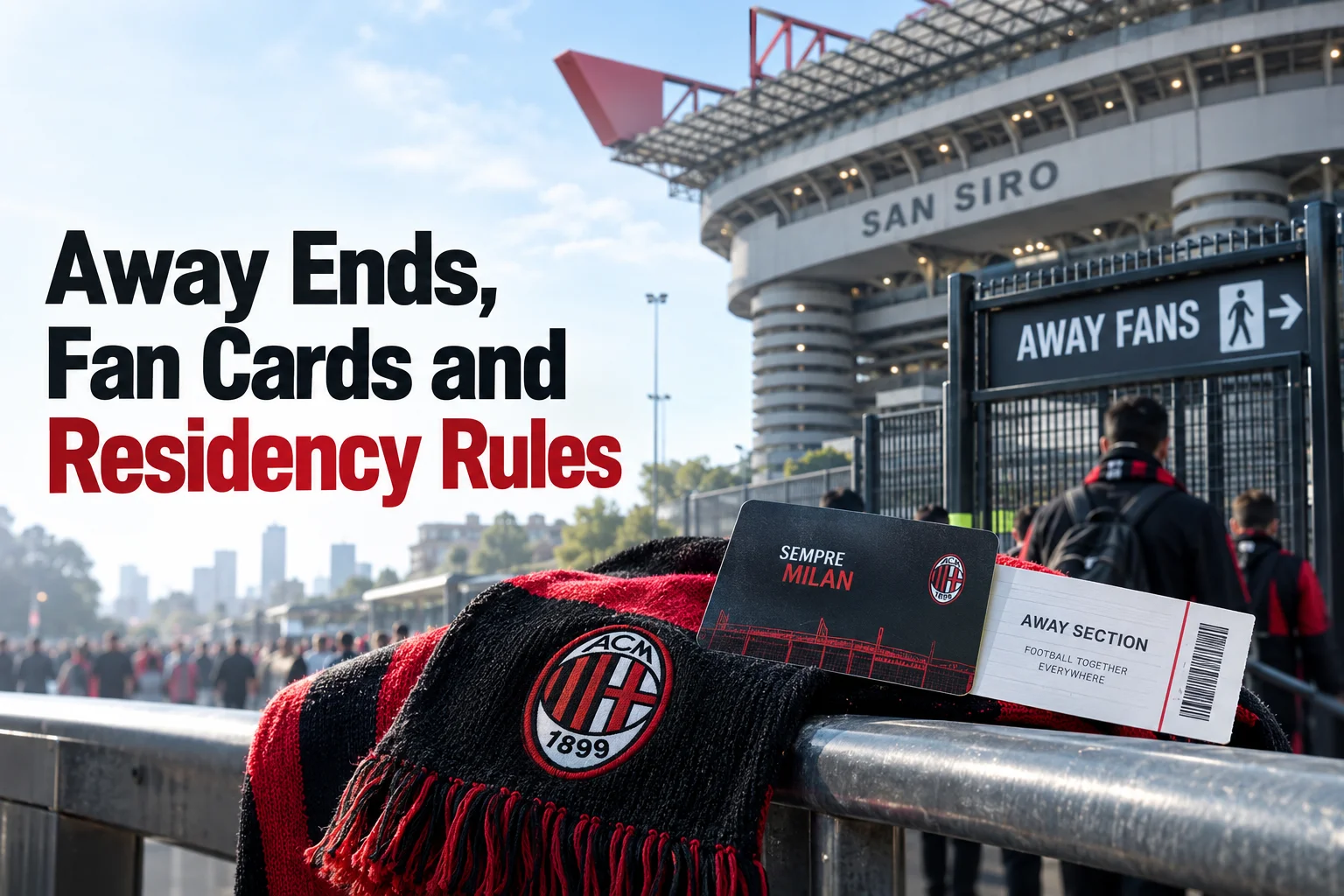 An AC Milan scarf, a black Cuore Rossonero membership card, and an Away Section match ticket sitting in front of San Siro Stadium under the header 'Away Ends, Fan Cards and Residency Rules'.
