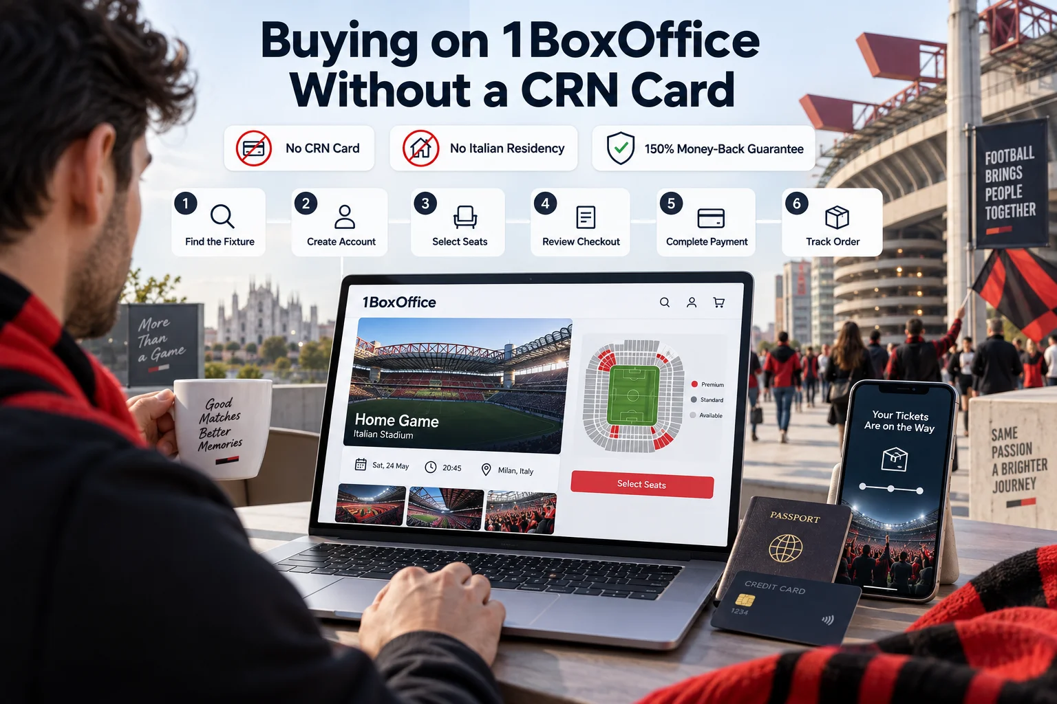 A user working on a laptop ordering AC Milan tickets on the 1BoxOffice platform, with a 6-step purchasing workflow shown at the top and benefits like 'No CRN Card Required' and '150% Money-Back Guarantee'.