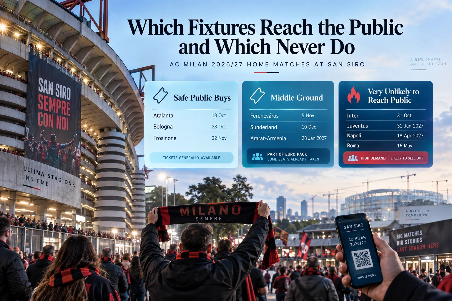 Graphic categorizing AC Milan home fixtures into three availability levels: Safe Public Buys (Atalanta, Bologna, Frosinone), Middle Ground (Euro Pack matches), and Very Unlikely to Reach Public (Inter, Juventus, Napoli, Roma).