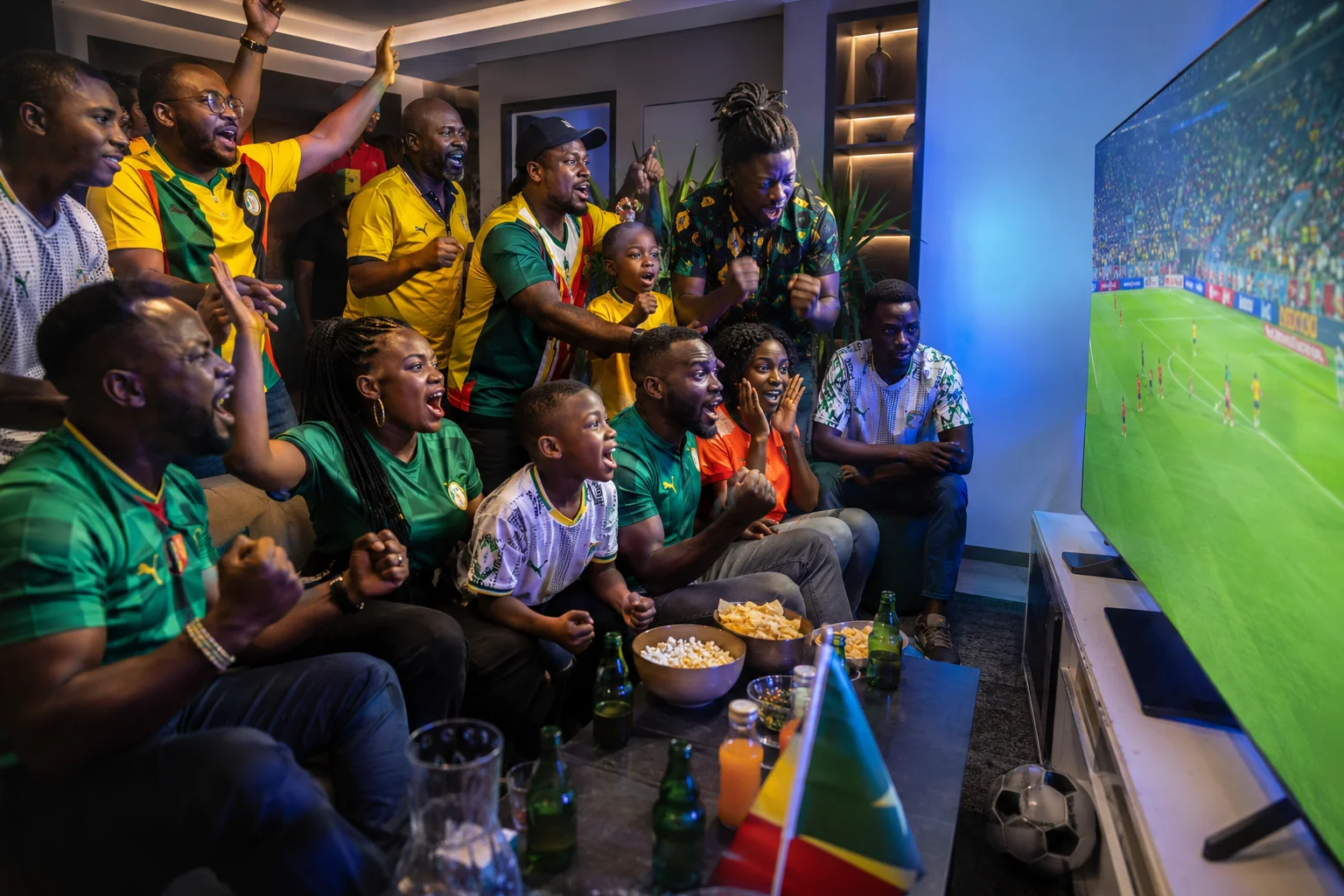 African football fans celebrating together while watching World Cup 2026 on TV at home.