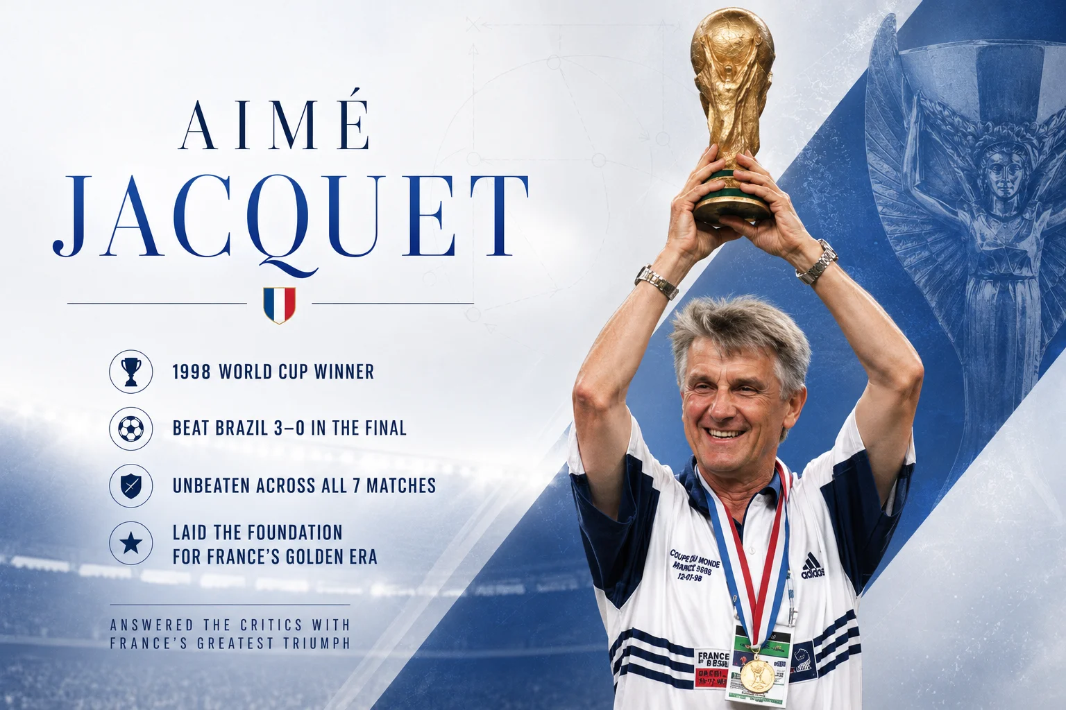 A dynamic player infographic details the triumphant moment of manager Aimé Jacquet. The right side features a vibrant photo of a smiling Jacquet holding the golden FIFA World Cup trophy high above his head, wearing a white and navy blue Adidas France training shirt with a winner's medal draped around his neck. The text panel on the left celebrates him as the 1998 World Cup winner after beating Brazil 3-0 in the final. It highlights that his squad went unbeaten across all 7 matches, answering his critics and laying the foundation for France's golden era.