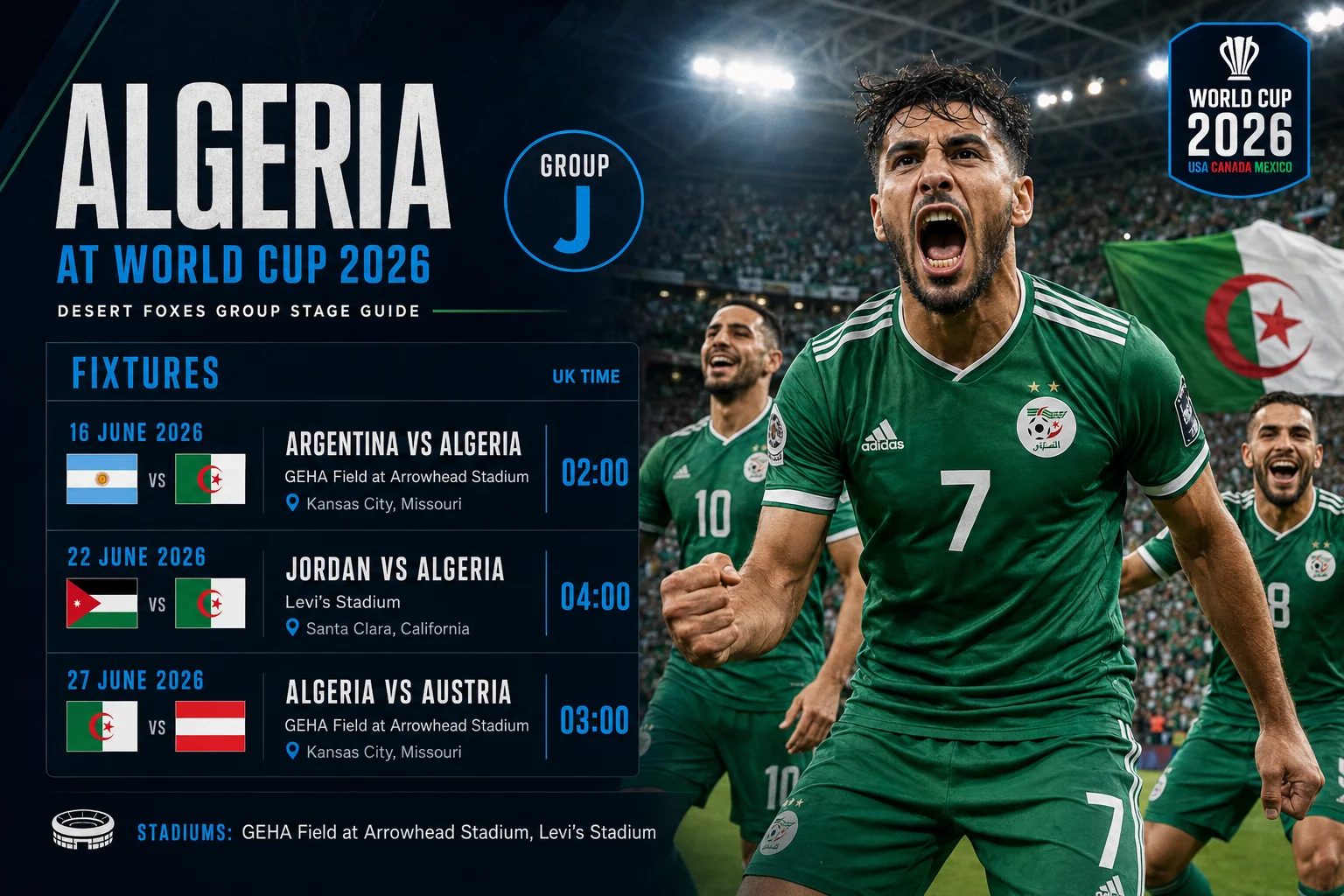 رسوم بيانية ترويجية تحتفل بالجزائر لكأس العالم FIFA 2026، وقراءة "الجزائر الفنك جاهزون للصحراء" مع عبارة "روح المحاربين." ثمانية لاعبين في قمصان بيضاء مع تفاصيل خضراء يسيرون من منظر تاريخي للمدينة الجزائرية نحو ساحة حديثة. تظهر الأسماء على القمصان: أتال (20)، عيت-نوري (3)، بن ناصر (22)، محرز (7)، بونجاح (9)، عوار (11)، ماندي (2)، ومندرية (1). يهز الحشد الأعلام الجزائرية. يمتد الجدول الزمني من 1982 ("الانتصار التاريخي على ألمانيا الغربية") إلى 2026 ("فدية كأس العالم FIFA").