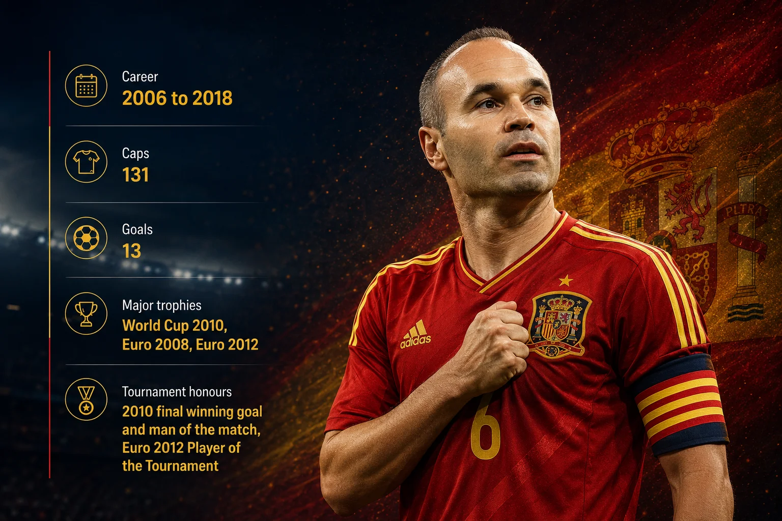A legacy profile card titled "Andrés Iniesta" highlights the iconic Spanish midfielder looking focused during an international match in a red jersey. The card design utilizes deep red and dark blue tones with gold trim. Below his name, three definitive career stats call out his international legacy: "131 Caps" for his long tenure in midfield, "14 Goals" scored for his country, and "1x World Cup / 2x Euro" celebrating his legendary status and his famous tournament-winning goals.