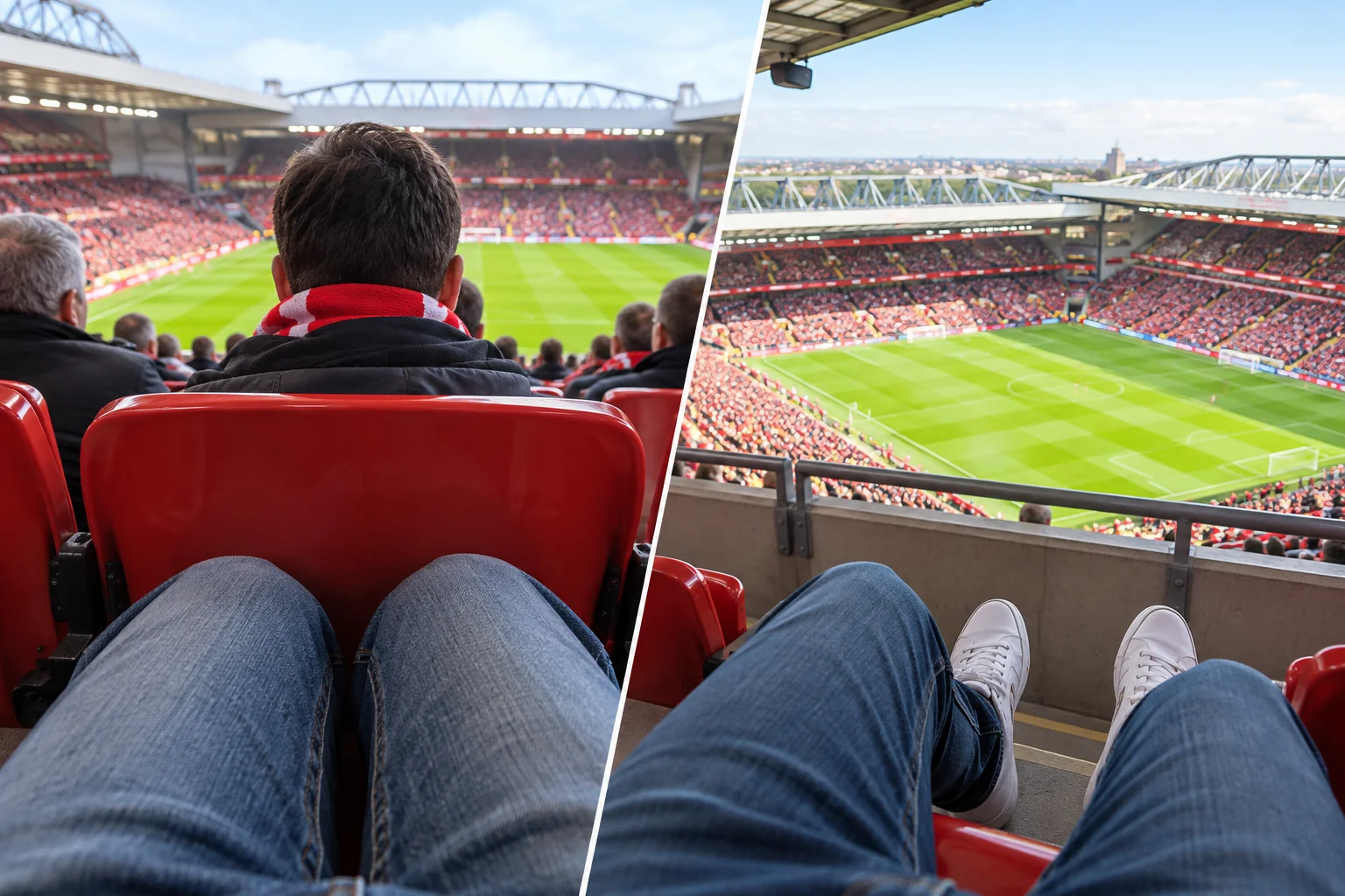 A two-panel first-person point-of-view image illustrating legroom. Left panel: Fan's knees pressed closely against the seat in front in a standard seating row. Right panel: Fan resting white sneakers comfortably with ample legroom at the front barrier row of an upper tier.