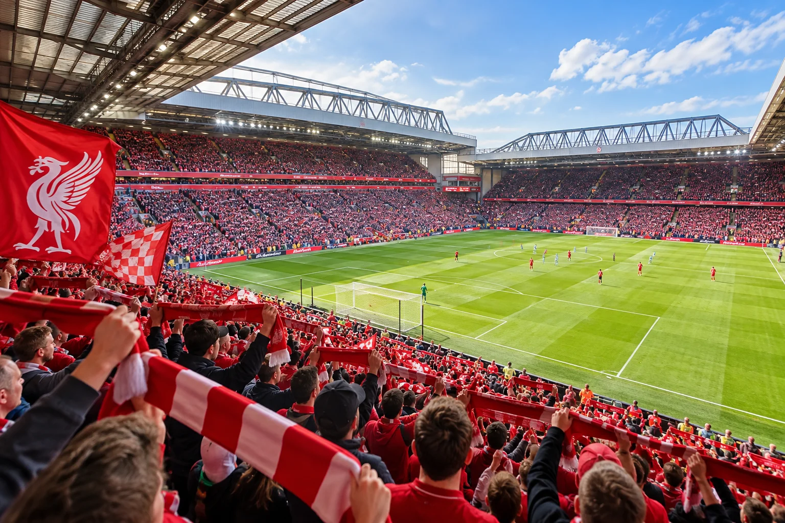 Vibrant crowd shot from inside The Kop at Anfield, showing spectators holding up red-and-white scarves and a red flag featuring the Liver Bird emblem, looking down at the pitch during live play.