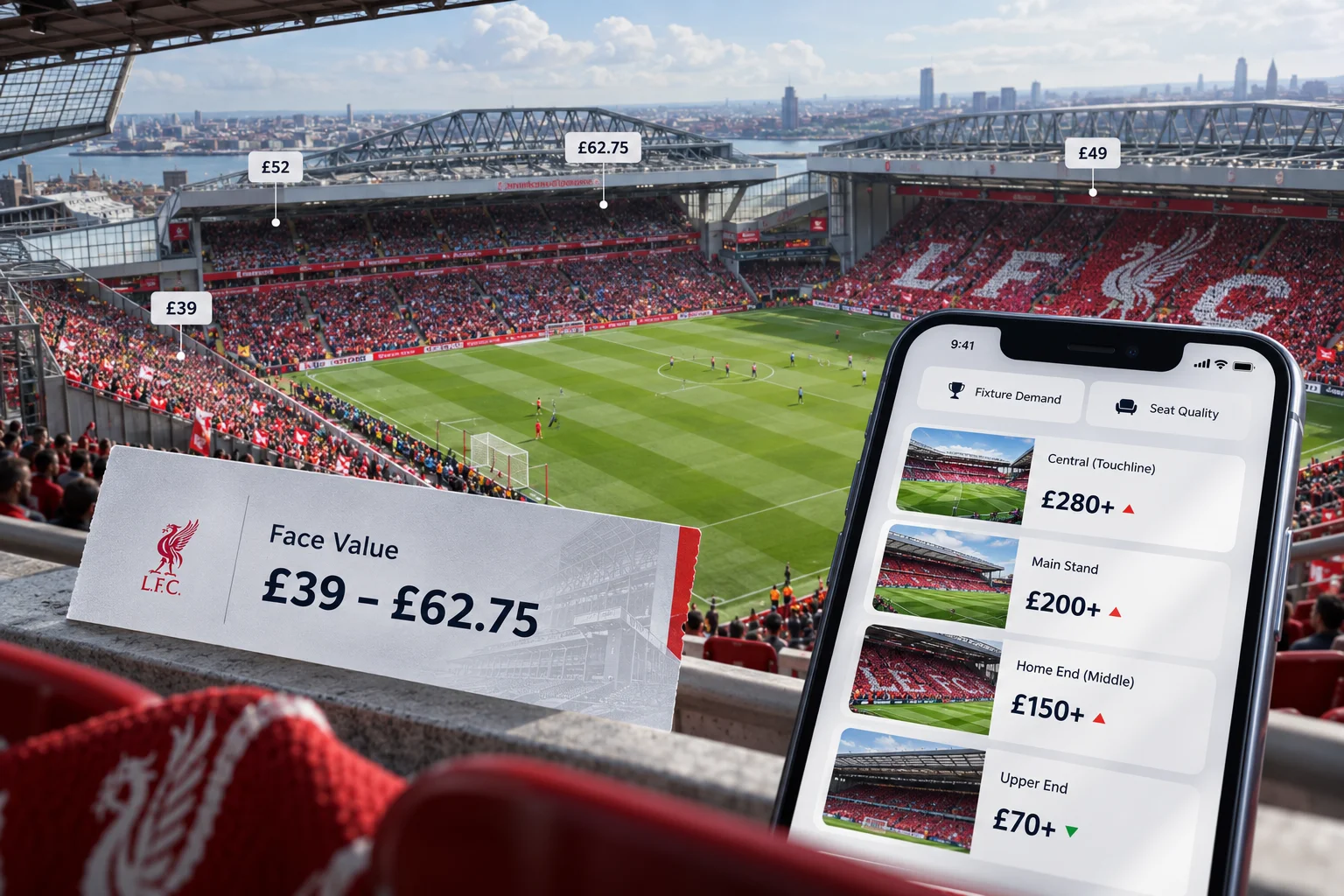 Overlay of a paper ticket showing official face value range from £39 to £62.75 against an Anfield pitch background. A smartphone screen in the foreground displays secondary resale pricing breakdown by location: Central Touchline £280+, Main Stand £200+, Home End £150+, and Upper End £70+.