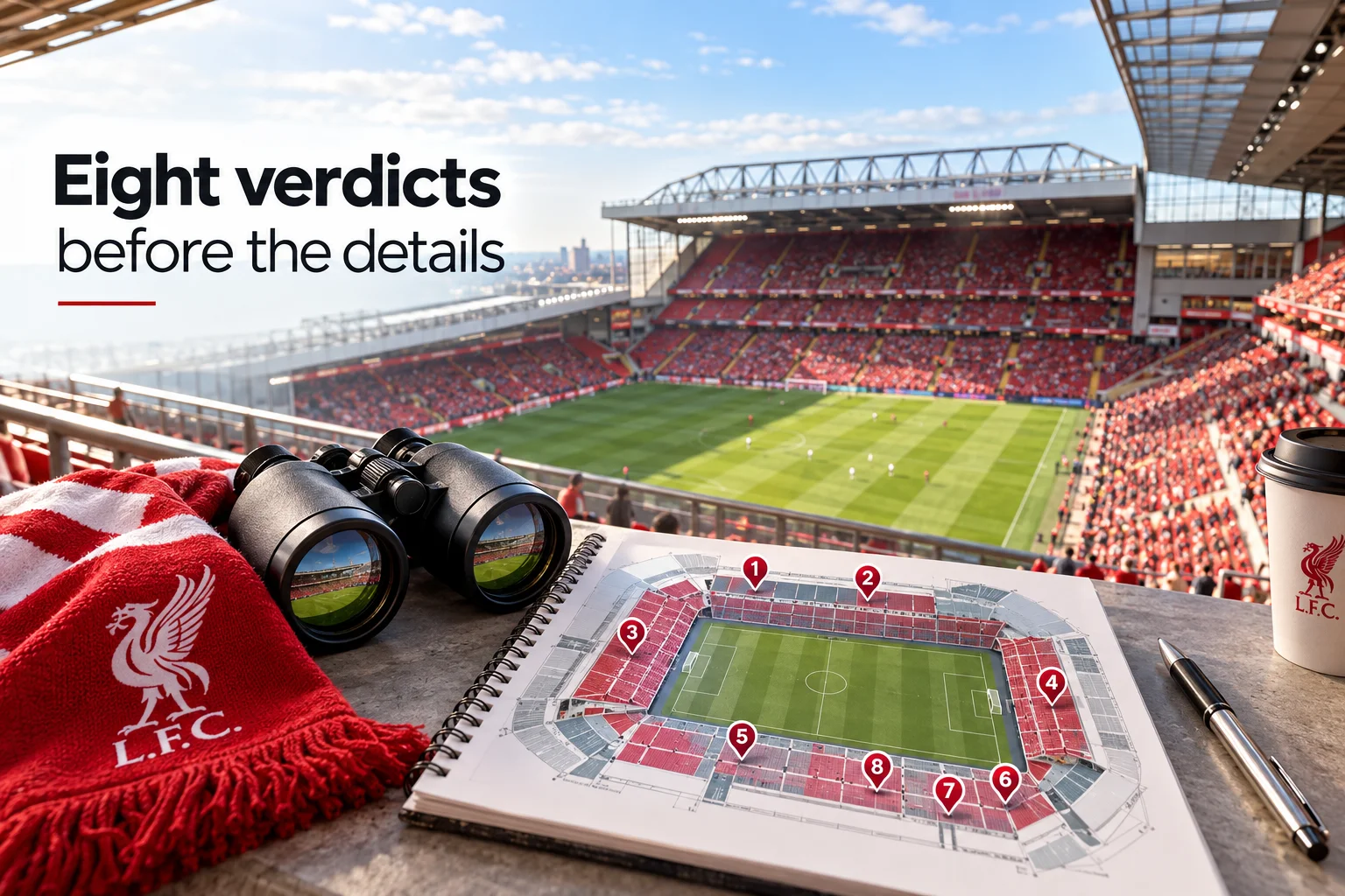 A media graphic titled "Eight verdicts before the details". A ledge overlooking the stadium pitch holds a Liverpool F.C. red scarf, a pair of black binoculars reflecting the field, a takeaway coffee cup, a pen, and an open spiral notebook displaying a 3D stadium map pin-pointed with red numbered markers 1 through 8.