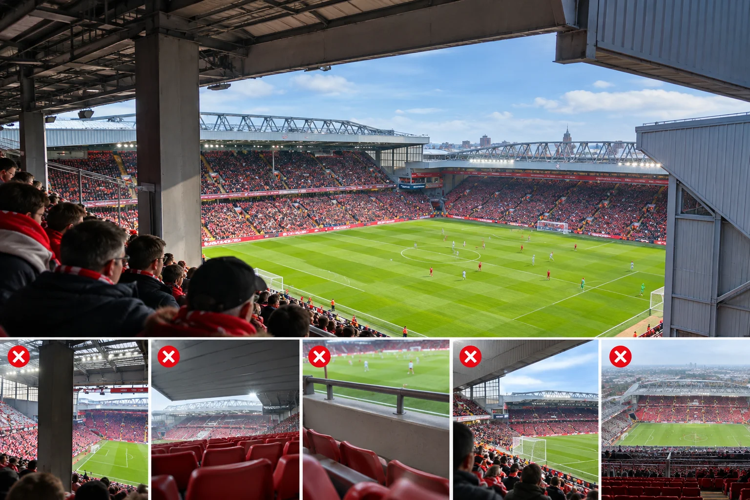 Main top photo shows a clear, wide view of a pitch from high in the stands. Below are five small photos marked with red 'X' icons showing bad views: 1. A support pillar blocking the field, 2. A low roof overhang, 3. A safety handrail in the sightline, 4. Corner overhang obstruction, and 5. Distance from extreme upper seats.
