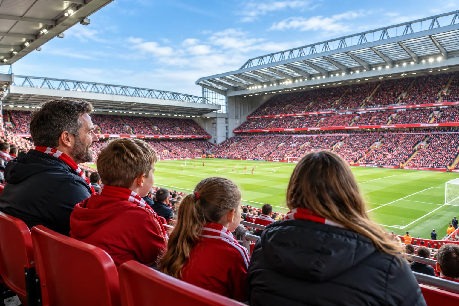 View from behind a family of four—a father, two young children, and a mother—wearing Liverpool scarves and seated together in red stadium chairs, enjoying an unobstructed view of the football pitch during a match.