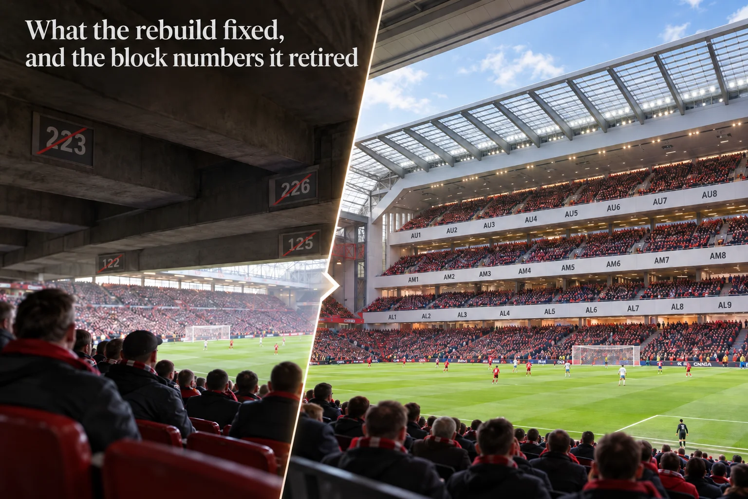 A split image comparing old and new seating views at Anfield Stadium. Left side: View from old, low-ceiling overhang seats with retired block numbers 122, 223, 226, and 125 crossed out. Right side: Wide, open view of the newly rebuilt multi-tiered stand showing block labels AU1–AU8, AM1–AM8, and AL1–AL9.