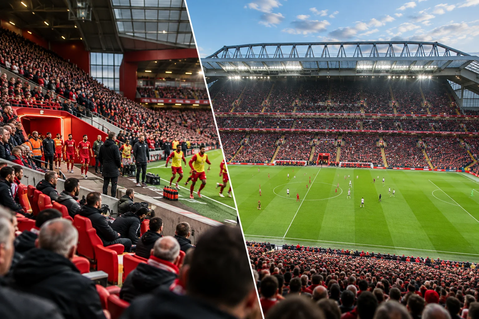 A split-image layout. Left side: Close-up view from lower Main Stand seats right next to the red-lit players' tunnel, showing players warming up and substitutes on the bench. Right side: Wide elevated perspective of the pitch and opposing grandstand during match play.