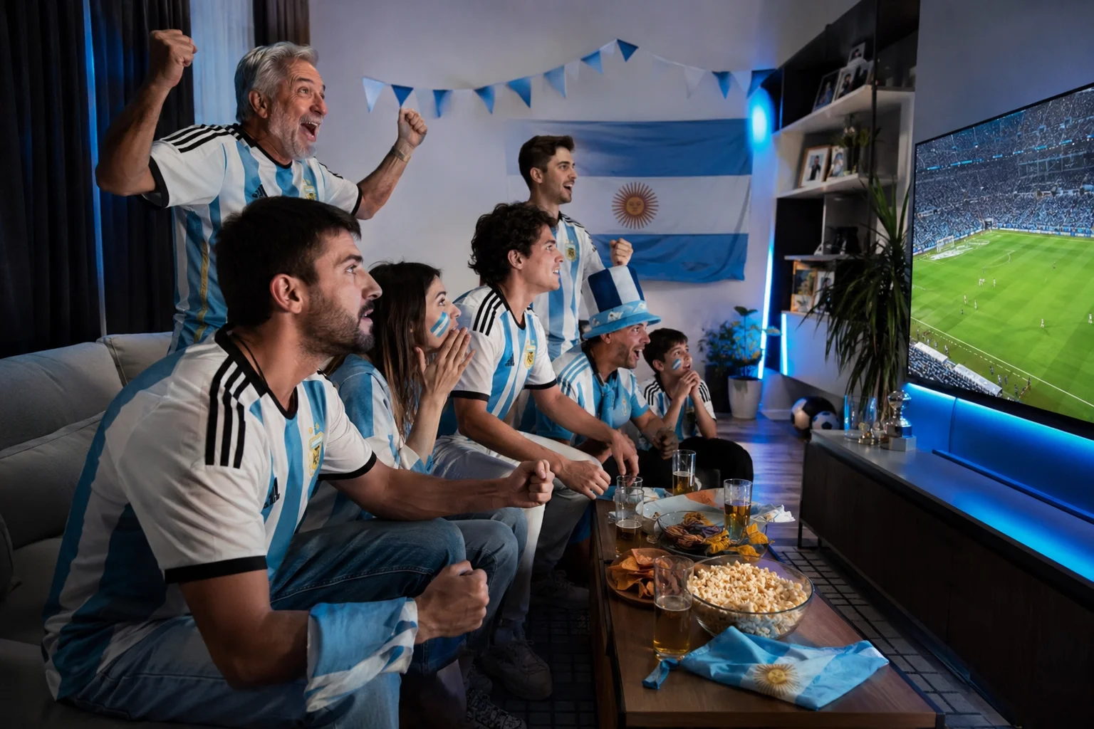 مشجعو الأرجنتين يحتفلون بمباراة كأس العالم 2026 بينما يشاهدون على التلفزيون في المنزل.