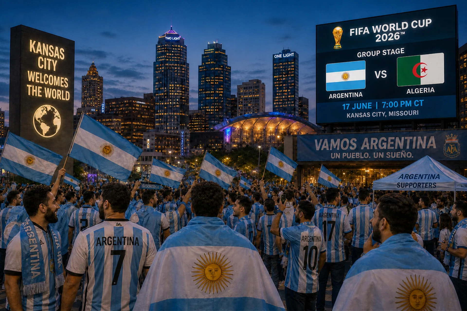 مشجعو الأرجنتين في مدينة كانساس قبل مباراة الأرجنتين ضد الجزائر في مرحلة المجموعات لكأس العالم 2026.