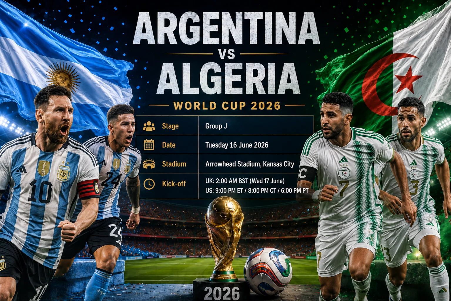 رسم بياني ترويجي عالي الطاقة لمباراة كأس العالم 2026 لمرحلة المجموعات بين "الأرجنتين ضد الجزائر." الجانب الأيسر يُظهر لاعبًا أرجنتينيًا يحتفل في قميص مخطط باللونين الأزرق السماوي والأبيض بجانب شعار الاتحاد الأرجنتيني لكرة القدم. الجانب الأيمن يُظهر لاعبًا جزائريًا يرتدي ملابس بيضاء مقابل خلفية خضراء بجانب شعار الاتحاد الجزائري لكرة القدم. كأس العالم الذهبية المعدنية تفصل القسم أعلاه عن النص: "15 يونيو | دالاس، تكساس."