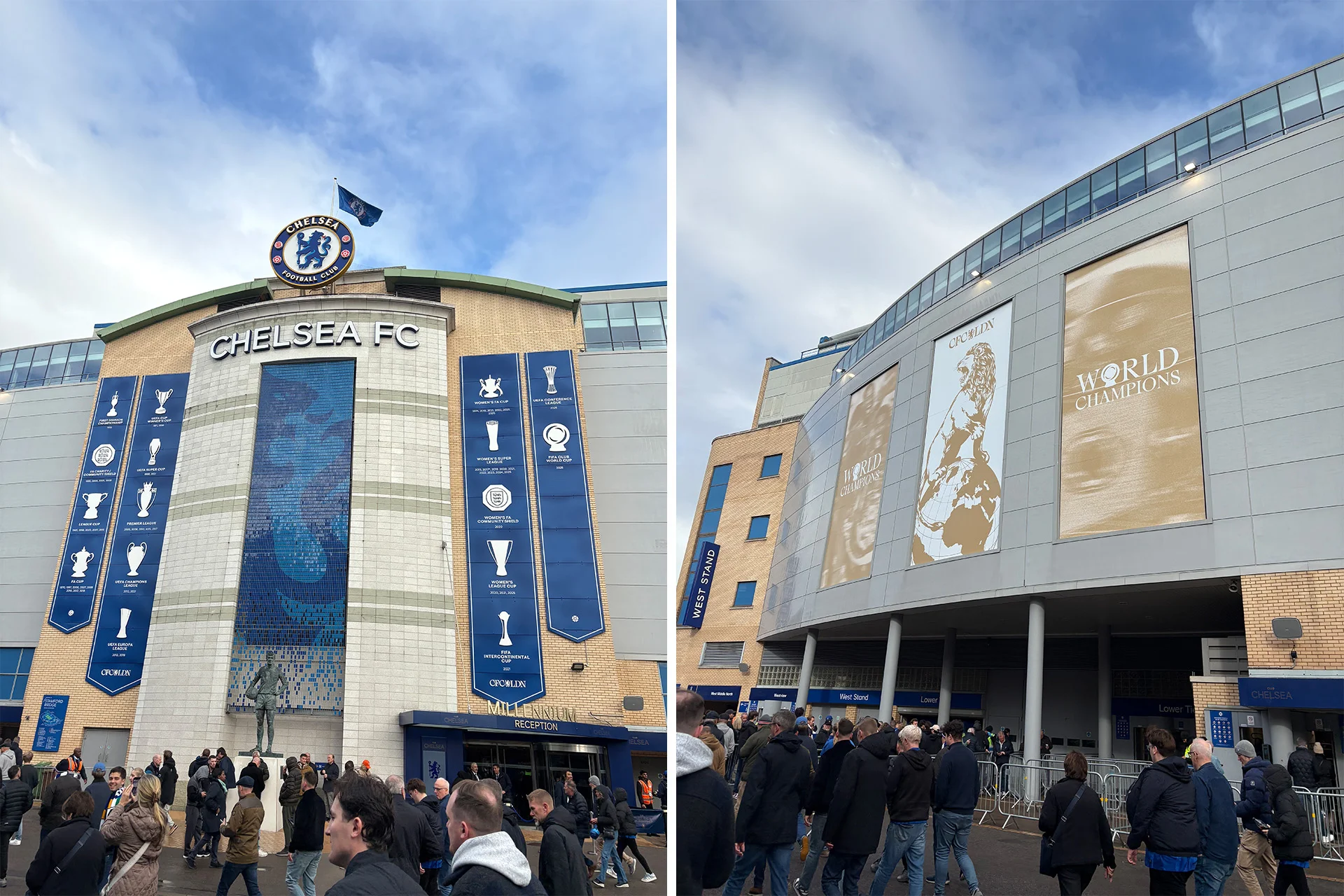 Stamford Bridge exterior with Chelsea FC signage, trophy banners and fans outside the West Stand.