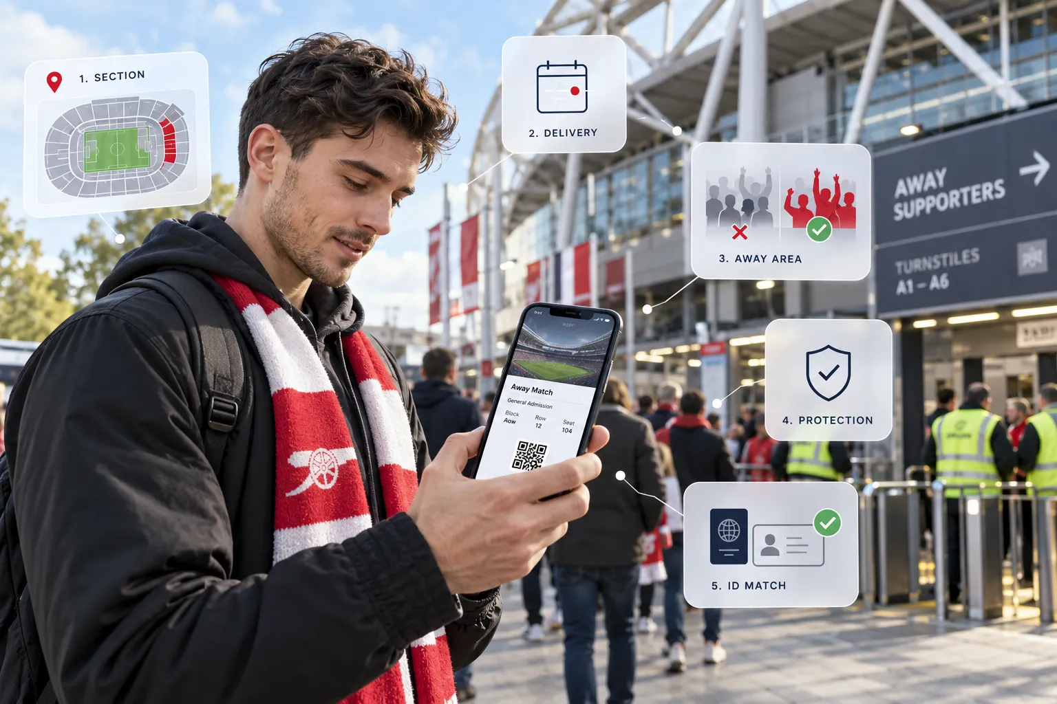 مشجع لآرسنال خارج الملعب يقوم بمسح تذكرة مباراة بعيدًا رقمية على هاتفه الذكي. تُبرز الرسومات التوضيحية الفحوصات الأساسية: تخطيط القسم، توقيت التسليم، قواعد منطقة البعد، حماية المشتري، والتحقق من الهوية.