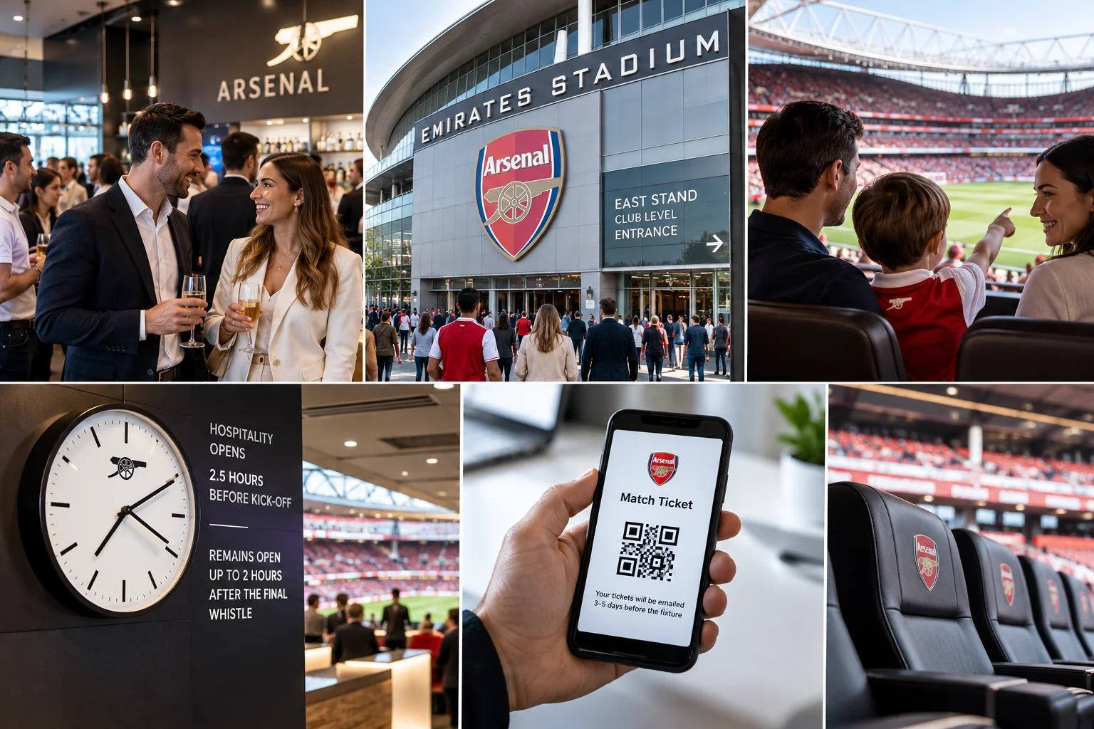 Six-panel grid illustrating the Arsenal matchday experience, including guests at a bar, the East Stand Club Level entrance, family in stadium seats, opening hours clock, mobile QR ticket, and leather executive seats.
