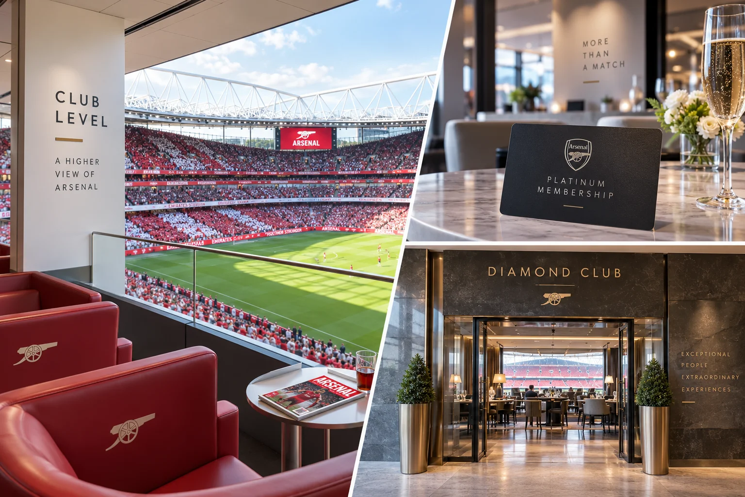 Three-part collage showing a Club Level balcony view of Emirates Stadium, a Platinum Membership card on a table with champagne, and the exterior entrance to the Diamond Club lounge.