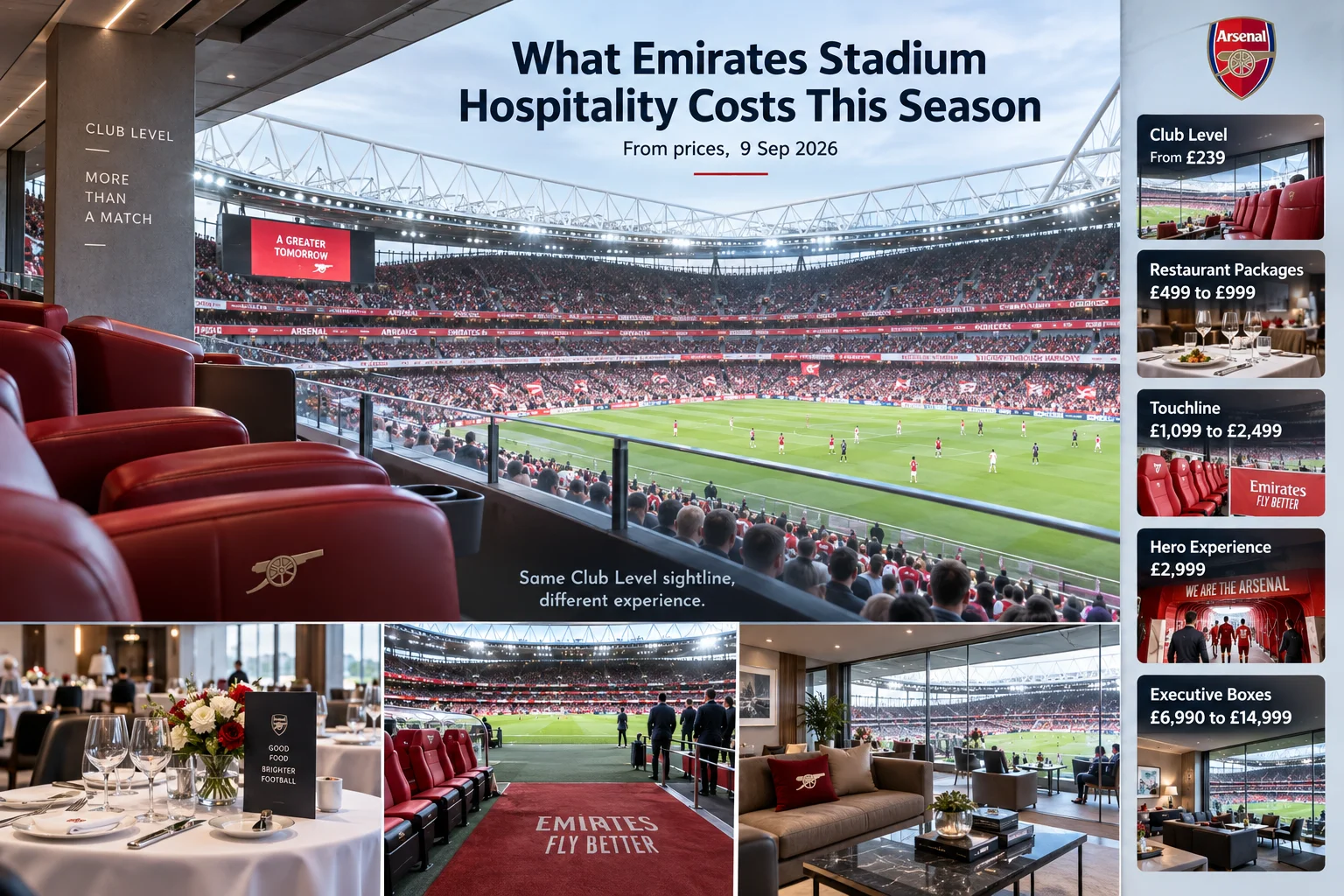 Visual pricing breakdown for Emirates Stadium hospitality showing tiers from Club Level at £239 to Executive Boxes up to £14,999, alongside photos of restaurants, pitch-side seats, and luxury suites.