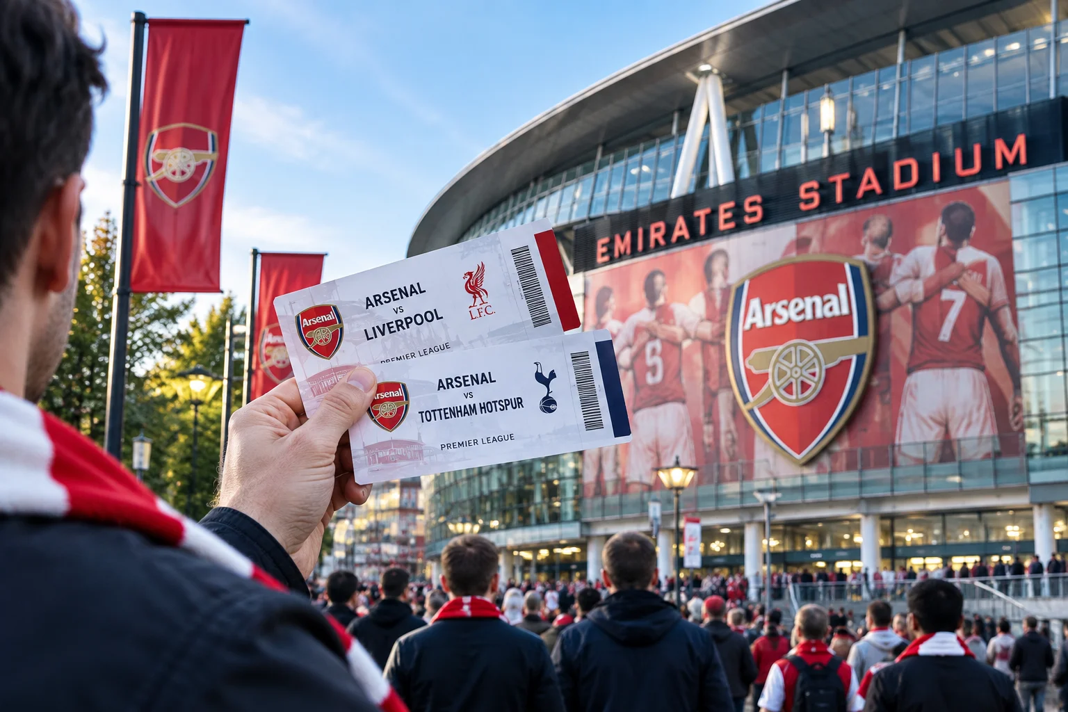 Hand holding two paper match tickets for Arsenal vs Liverpool and Arsenal vs Tottenham Hotspur in front of Emirates Stadium crowded with fans.