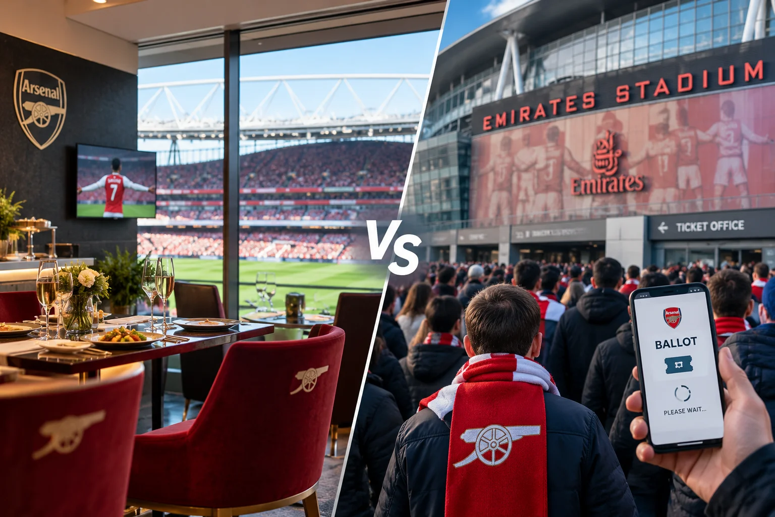 Split image comparing a premium fine dining suite with champagne overlooking the Emirates pitch on the left against a fan waiting in a crowded line outside with a phone reading "BALLOT" on the right.