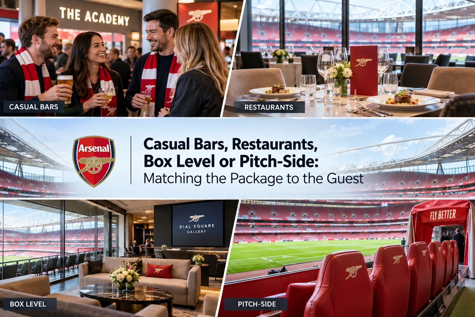 Four-quadrant collage highlighting Arsenal hospitality options: Casual Bars with fans drinking, Fine Dining Restaurants, Box Level lounges, and red pitch-side seating under the Fly Better canopy.
