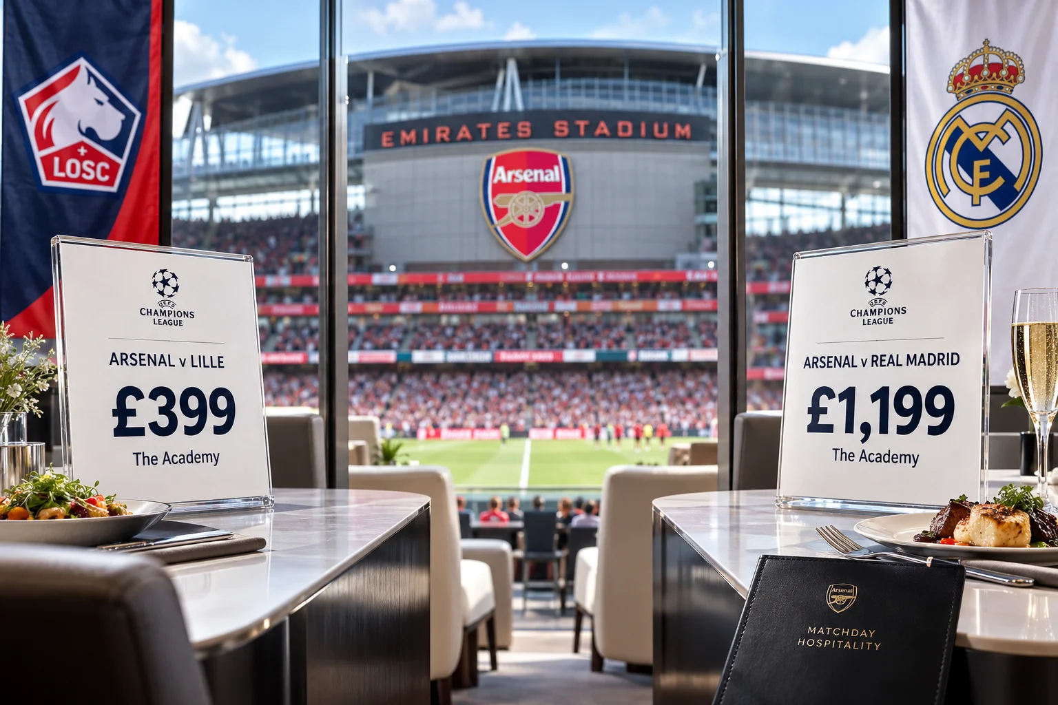 Dining table view facing Emirates Stadium pitch with signs for Champions League packages: Arsenal vs Lille for £399 and Arsenal vs Real Madrid for £1,199 in The Academy.
