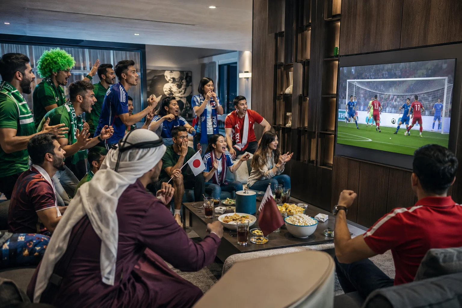 مستخدمون آسيويون وشرق أوسطيون يشجعون أثناء مشاهدة كأس العالم 2026 على التلفزيون في المنزل.