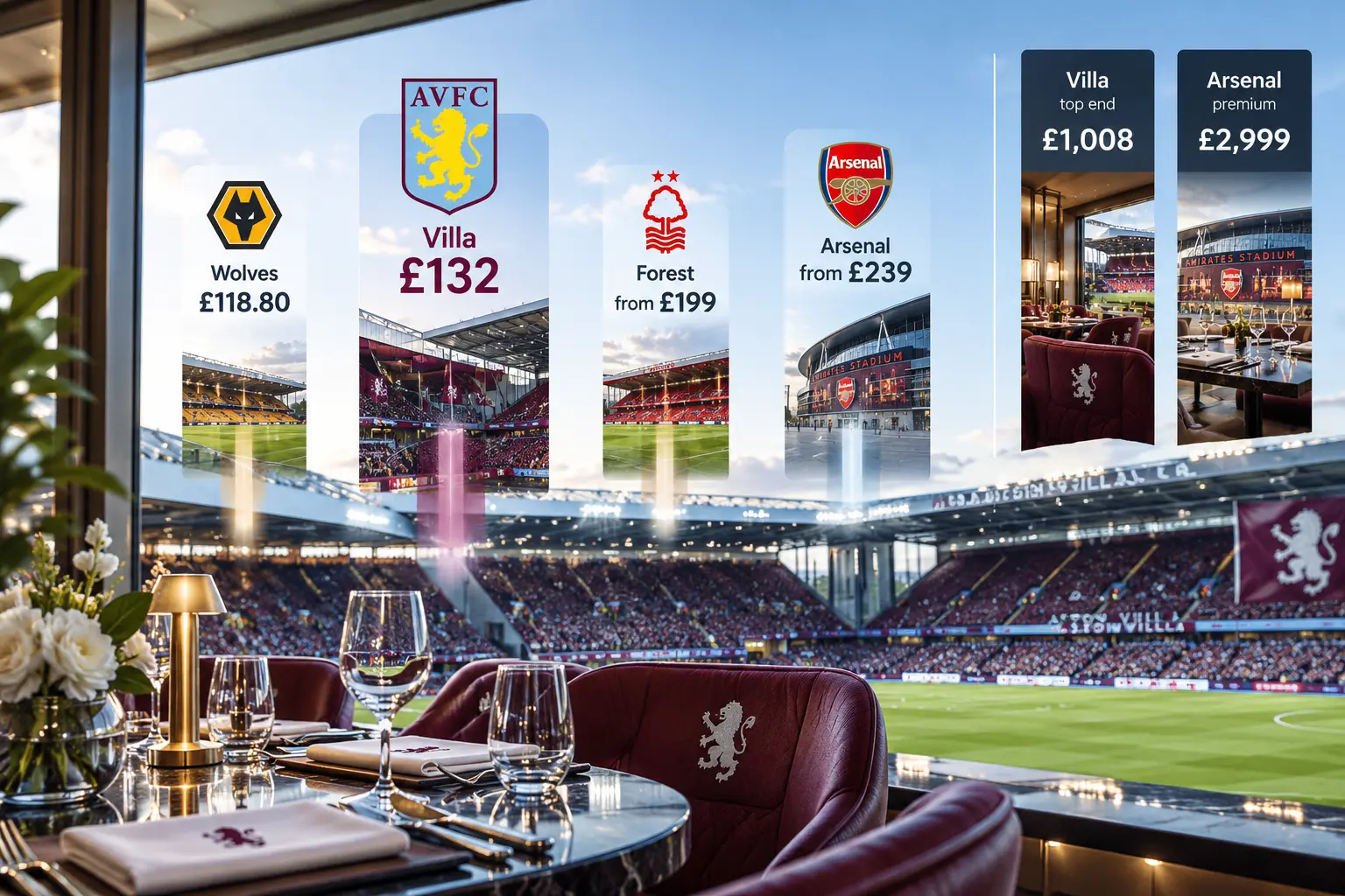 Price comparison graphic contrasting Aston Villa match hospitality prices with other clubs, starting at £118.80 for Wolves, £132 for Villa, £199 for Forest, and £239 for Arsenal, alongside top-end rates up to £2,999.