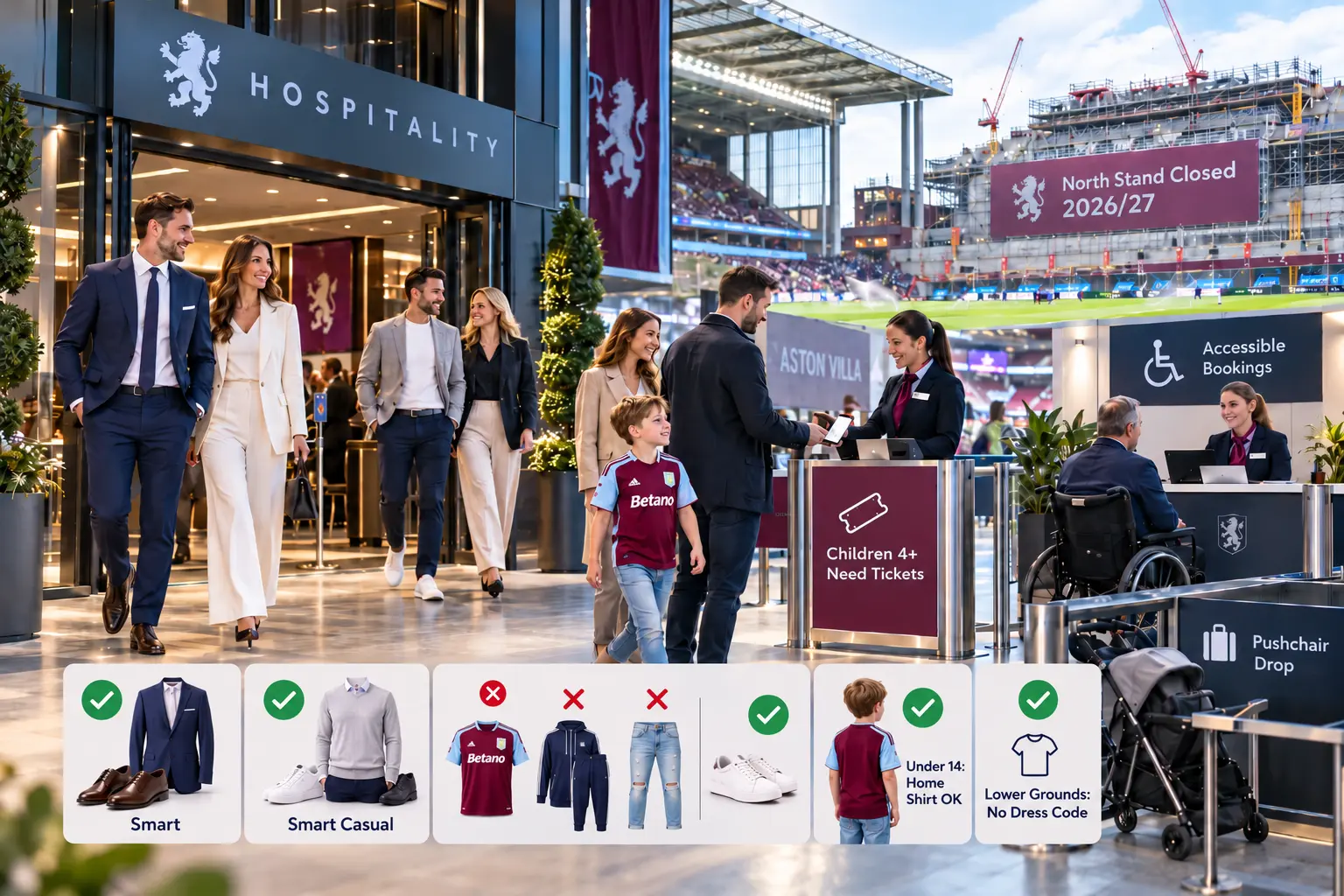 Entrance guide for Aston Villa hospitality detailing dress code policies, ticket requirements for children 4+, and signage indicating the North Stand is closed for the 2026/27 season.